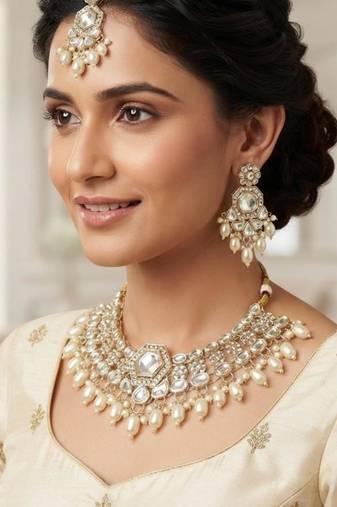 White Agate Stone Necklace Set with Earrings & Maang Tikka | Gold-Plated