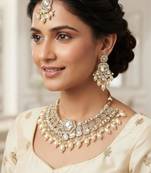 White Agate Stone Necklace Set with Earrings & Maang Tikka | Gold-Plated