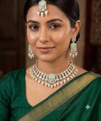 Pink & Pista Color Necklace Set with Earrings and Maang Tikka | Agate Stone | Gold Plated 1
