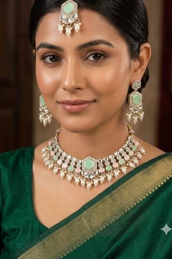 Pink & Pista Color Necklace Set with Earrings and Maang Tikka | Agate Stone | Gold Plated