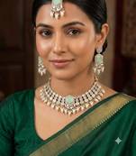 Pink & Pista Color Necklace Set with Earrings and Maang Tikka | Agate Stone | Gold Plated