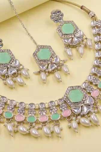 Pink & Pista Color Necklace Set with Earrings and Maang Tikka | Agate Stone | Gold Plated