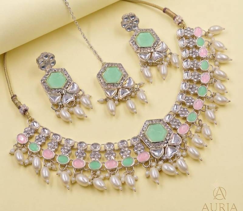 Pink & Pista Color Necklace Set with Earrings and Maang Tikka | Agate Stone | Gold Plated