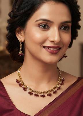 Maroon Color Necklace & Jhumki Set with Earrings | Agate Stone | Gold Plated 1