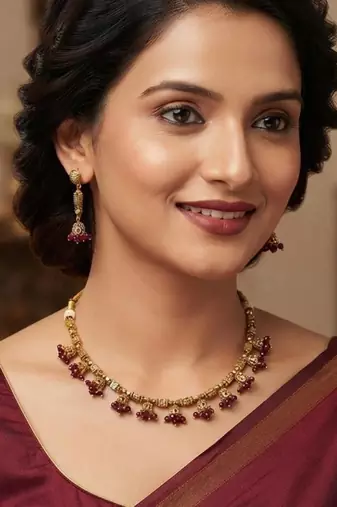 Maroon Color Necklace & Jhumki Set with Earrings | Agate Stone | Gold Plated