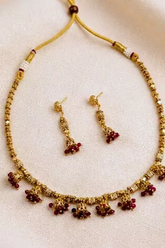 Maroon Color Necklace & Jhumki Set with Earrings | Agate Stone | Gold Plated