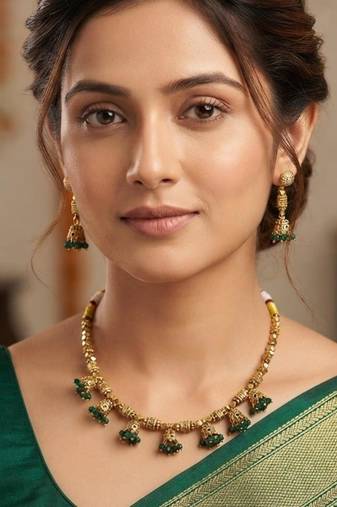 Green Color Necklace & Jhumki Set with Earrings | Agate Stone | Gold Plated