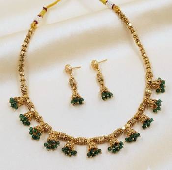 Green Color Necklace & Jhumki Set with Earrings | Agate Stone | Gold Plated 2