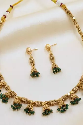 Green Color Necklace & Jhumki Set with Earrings | Agate Stone | Gold Plated