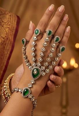 Green Stone & Agate Stone Haath Phool (Hath Panja), Antique Gold Plated 1