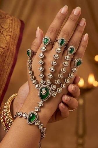 Green Stone & Agate Stone Haath Phool (Hath Panja), Antique Gold Plated