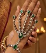 Green Stone & Agate Stone Haath Phool (Hath Panja), Antique Gold Plated