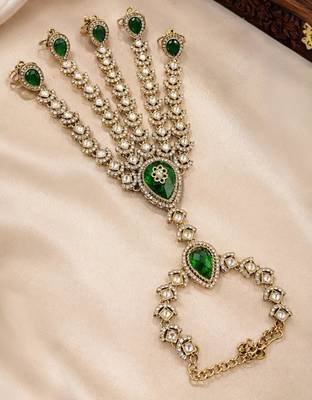 Green Stone & Agate Stone Haath Phool (Hath Panja), Antique Gold Plated 2
