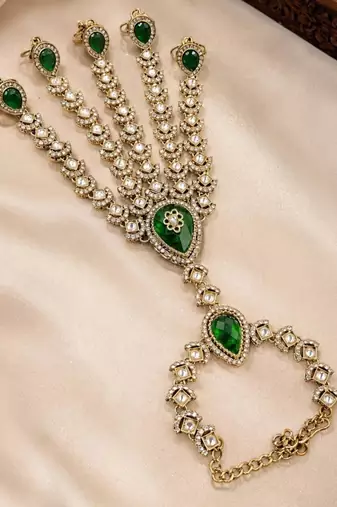 Green Stone & Agate Stone Haath Phool (Hath Panja), Antique Gold Plated