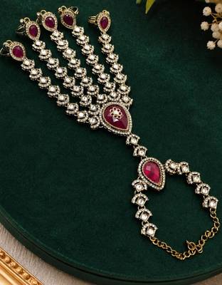 Maroon Stone & Agate Stone Haath Phool (Hath Panja) | Antique Gold-Plated Jewelry 2