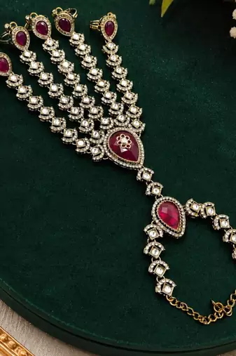 Maroon Stone & Agate Stone Haath Phool (Hath Panja) | Antique Gold-Plated Jewelry