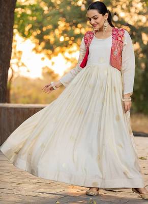 off-white color jacquard work viscose gown set 1