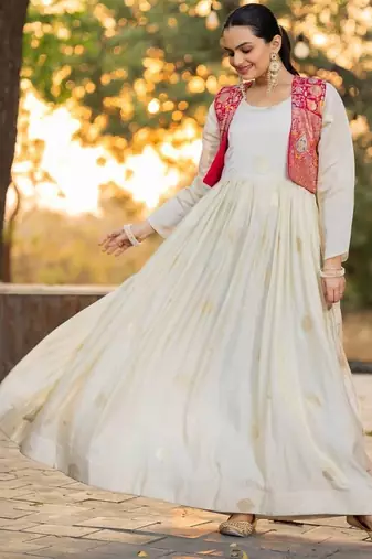 off-white color jacquard work viscose gown set