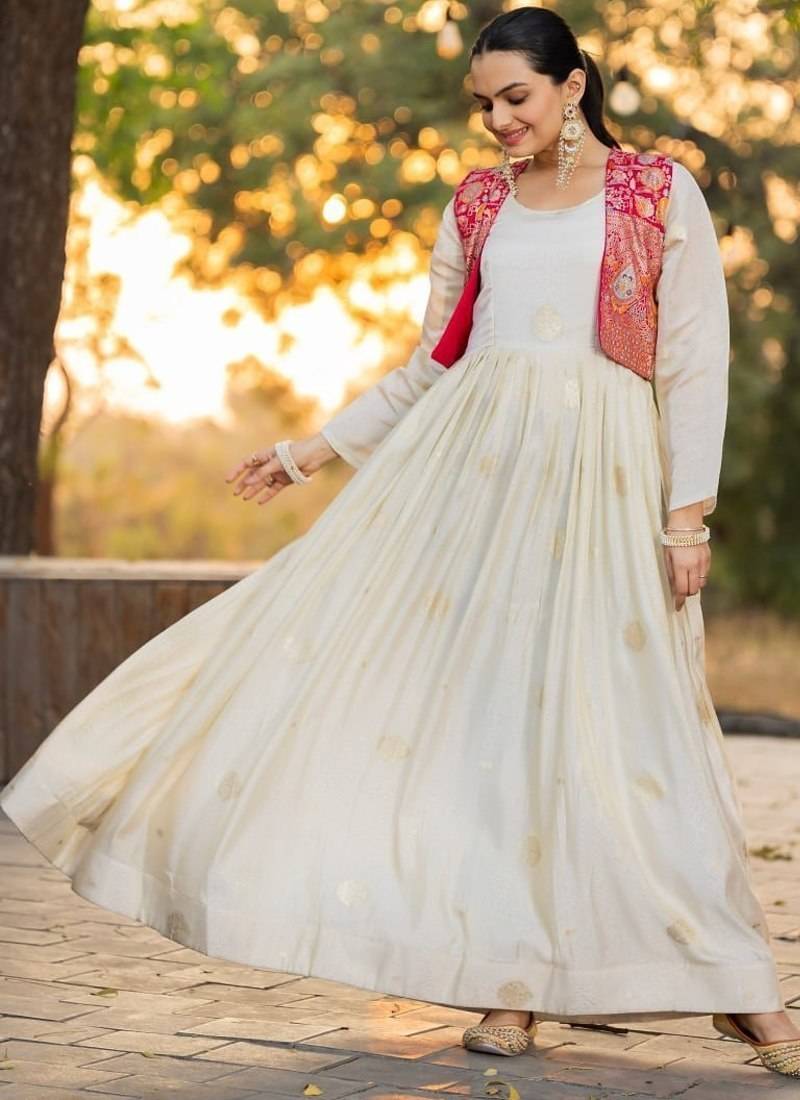 off-white color jacquard work viscose gown set
