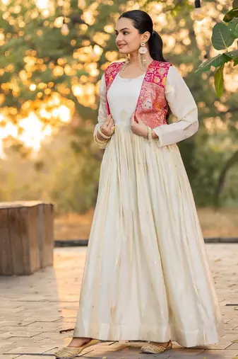 off-white color jacquard work viscose gown set