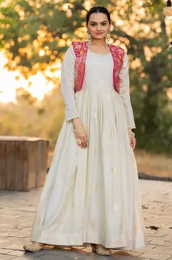 off-white color jacquard work viscose gown set