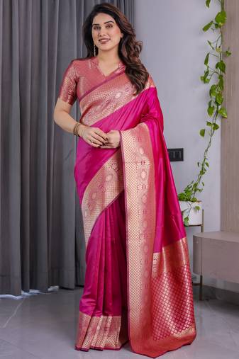 Pink elegant zari woven banarasi silk sarees with attached blouse
