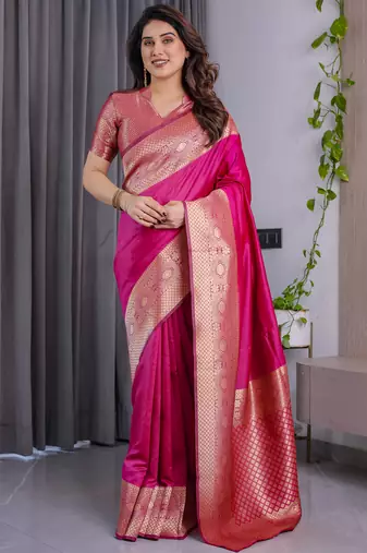 Pink elegant zari woven banarasi silk sarees with attached blouse