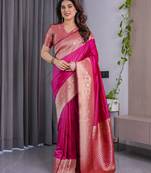 Pink elegant zari woven banarasi silk sarees with attached blouse