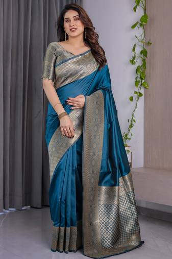 Rama elegant zari woven banarasi silk sarees with attached blouse