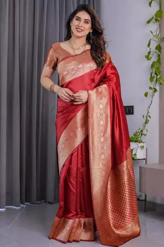 Red elegant zari woven banarasi silk sarees with attached blouse