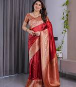 Red elegant zari woven banarasi silk sarees with attached blouse