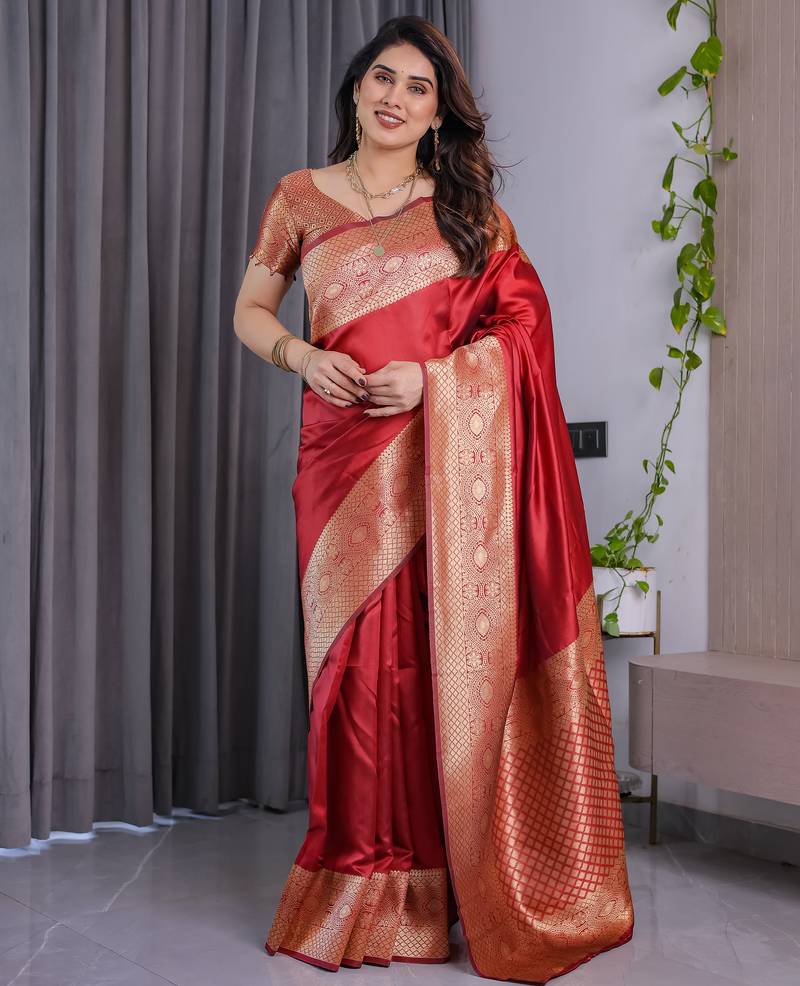 Red elegant zari woven banarasi silk sarees with attached blouse