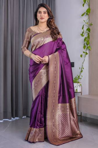 Wine elegant zari woven banarasi silk sarees with attached blouse
