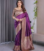 Wine elegant zari woven banarasi silk sarees with attached blouse