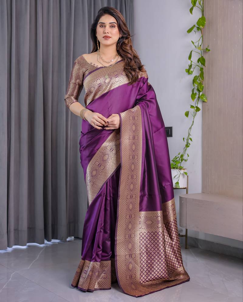 Wine elegant zari woven banarasi silk sarees with attached blouse