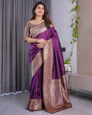 Wine elegant zari woven banarasi silk sarees with attached blouse 2