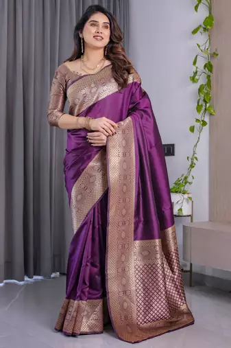 Wine elegant zari woven banarasi silk sarees with attached blouse