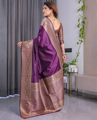 Wine elegant zari woven banarasi silk sarees with attached blouse 3