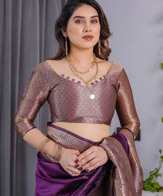 Wine elegant zari woven banarasi silk sarees with attached blouse 4