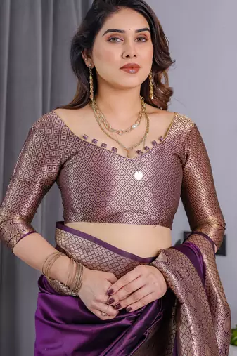 Wine elegant zari woven banarasi silk sarees with attached blouse