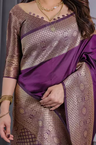 Wine elegant zari woven banarasi silk sarees with attached blouse