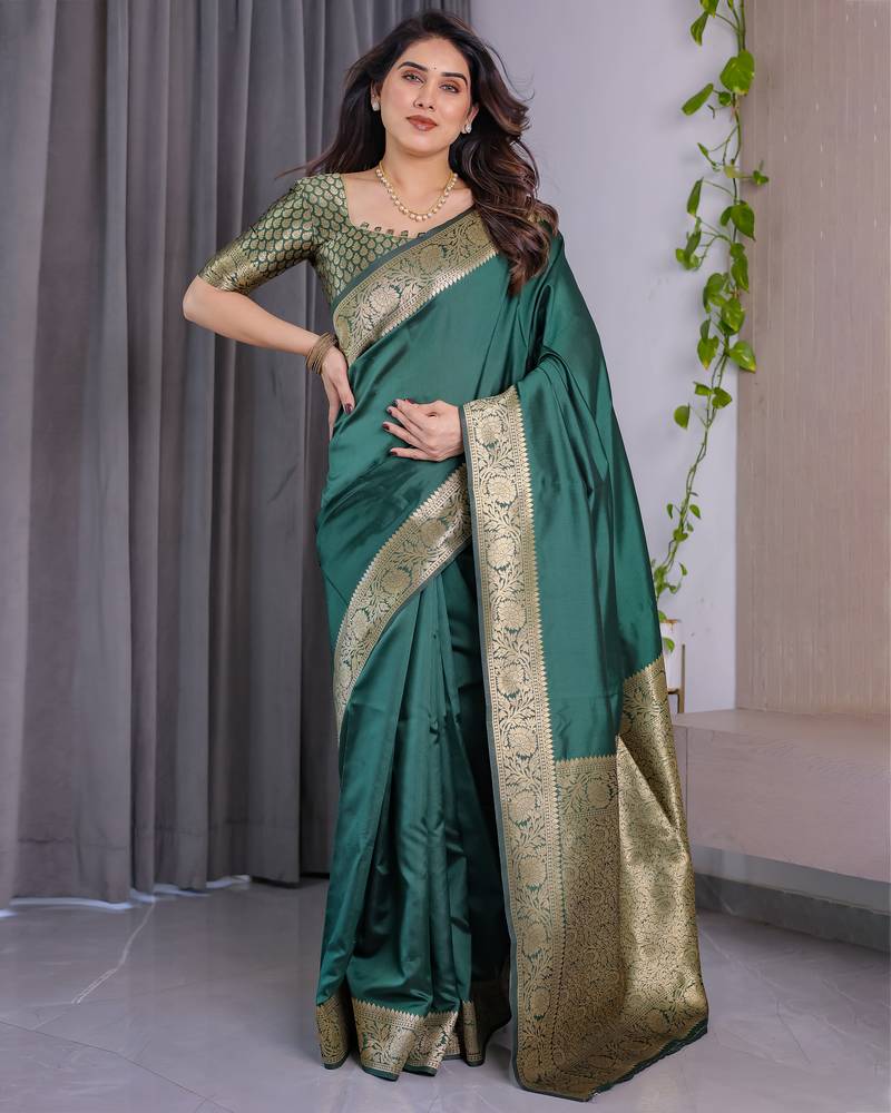 Green elegant zari woven banarasi silk sarees with attached blouse
