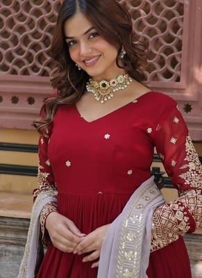 red color zari and sequin embroidered faux blooming georgette gown set 2