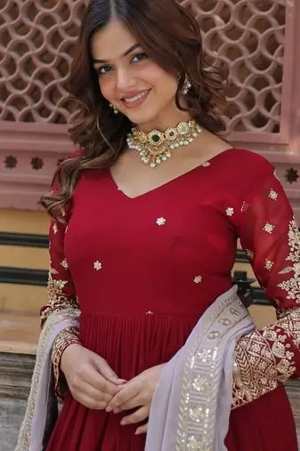 red color zari and sequin embroidered faux blooming georgette gown set