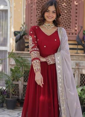 red color zari and sequin embroidered faux blooming georgette gown set 3