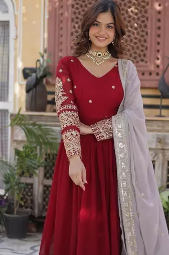 red color zari and sequin embroidered faux blooming georgette gown set
