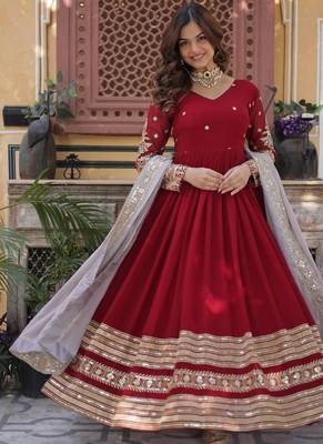 red color zari and sequin embroidered faux blooming georgette gown set 1