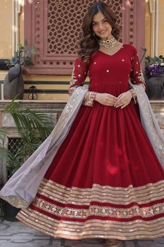 red color zari and sequin embroidered faux blooming georgette gown set