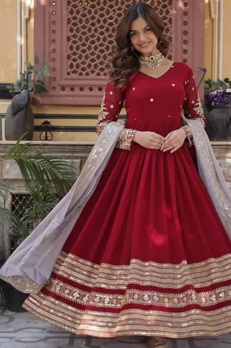 red color zari and sequin embroidered faux blooming georgette gown set