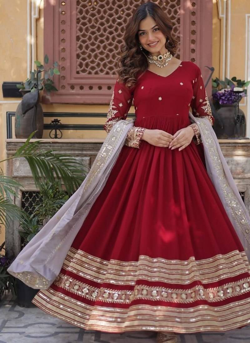 red color zari and sequin embroidered faux blooming georgette gown set